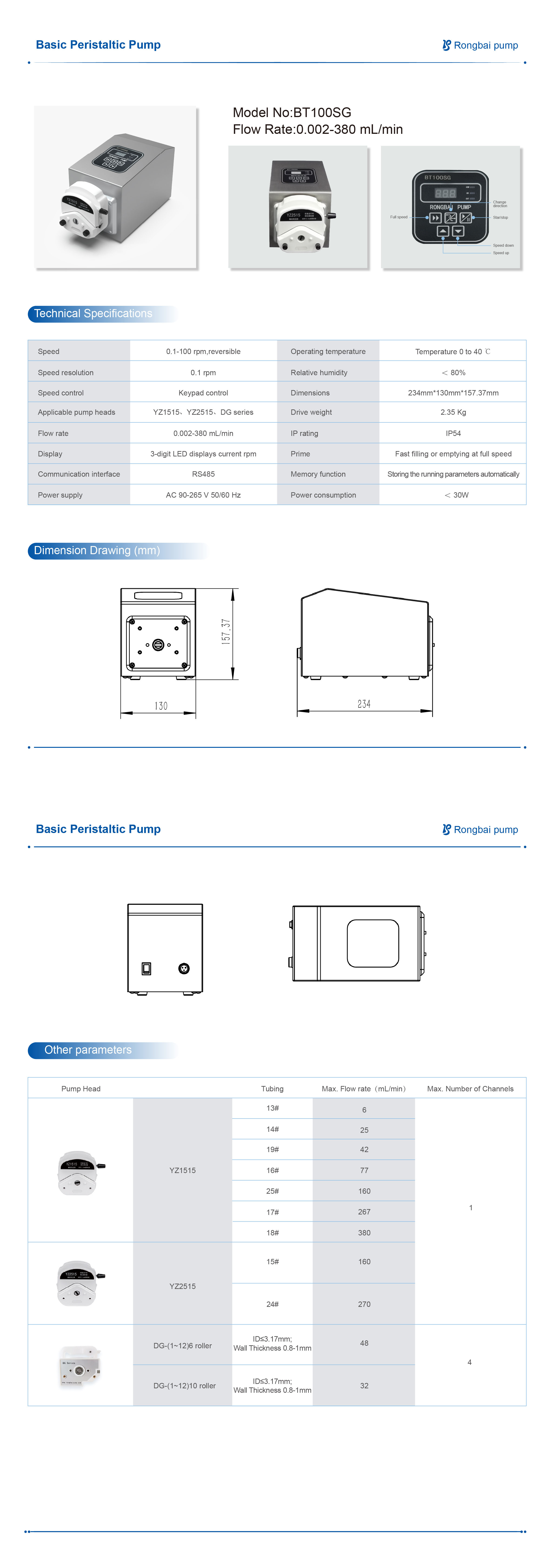 BT100SG Highly protected peristaltic pump, IP65, waterproof and dustproof