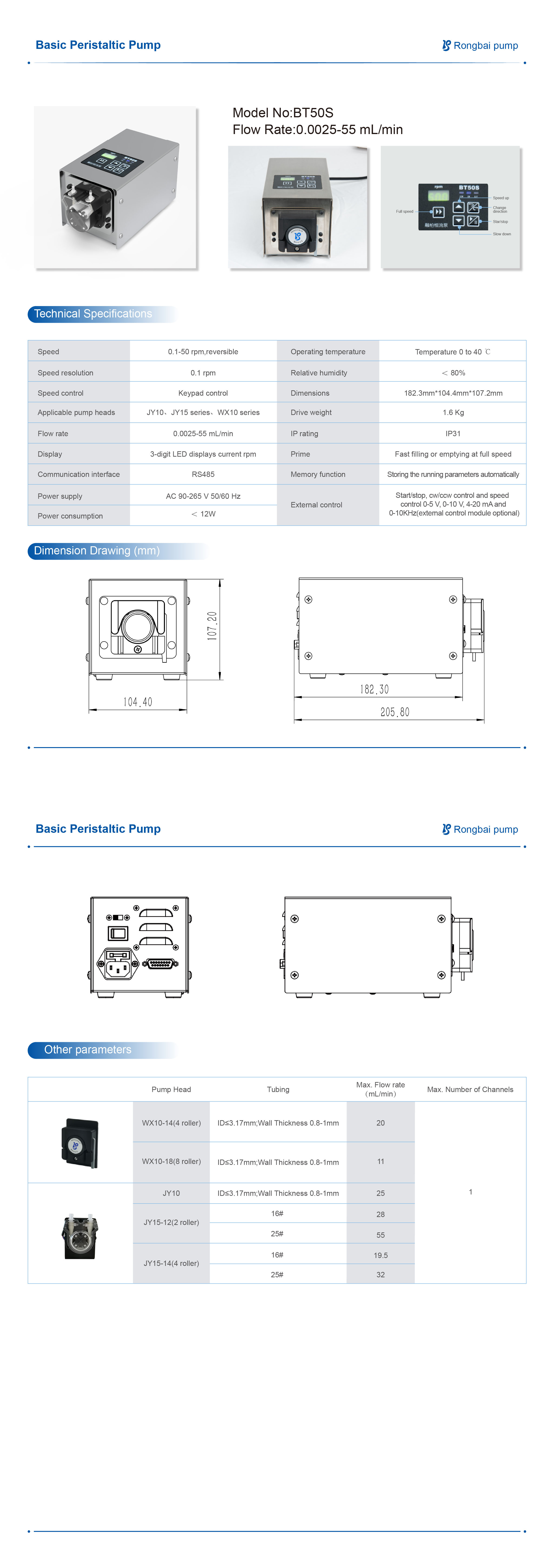 BT50S Small flow peristaltic pump, single channel micro flow pump