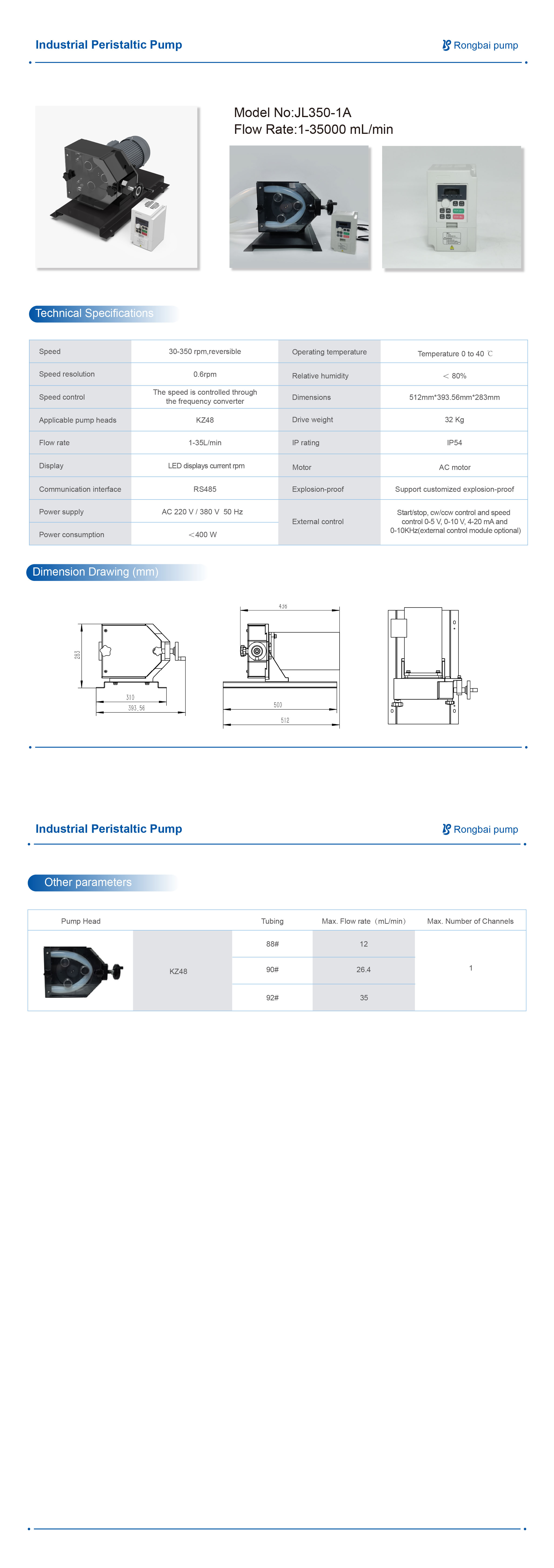 JL350-1A+KZ48 Batch filling peristaltic pump,small hose pump,≤35000mL/min